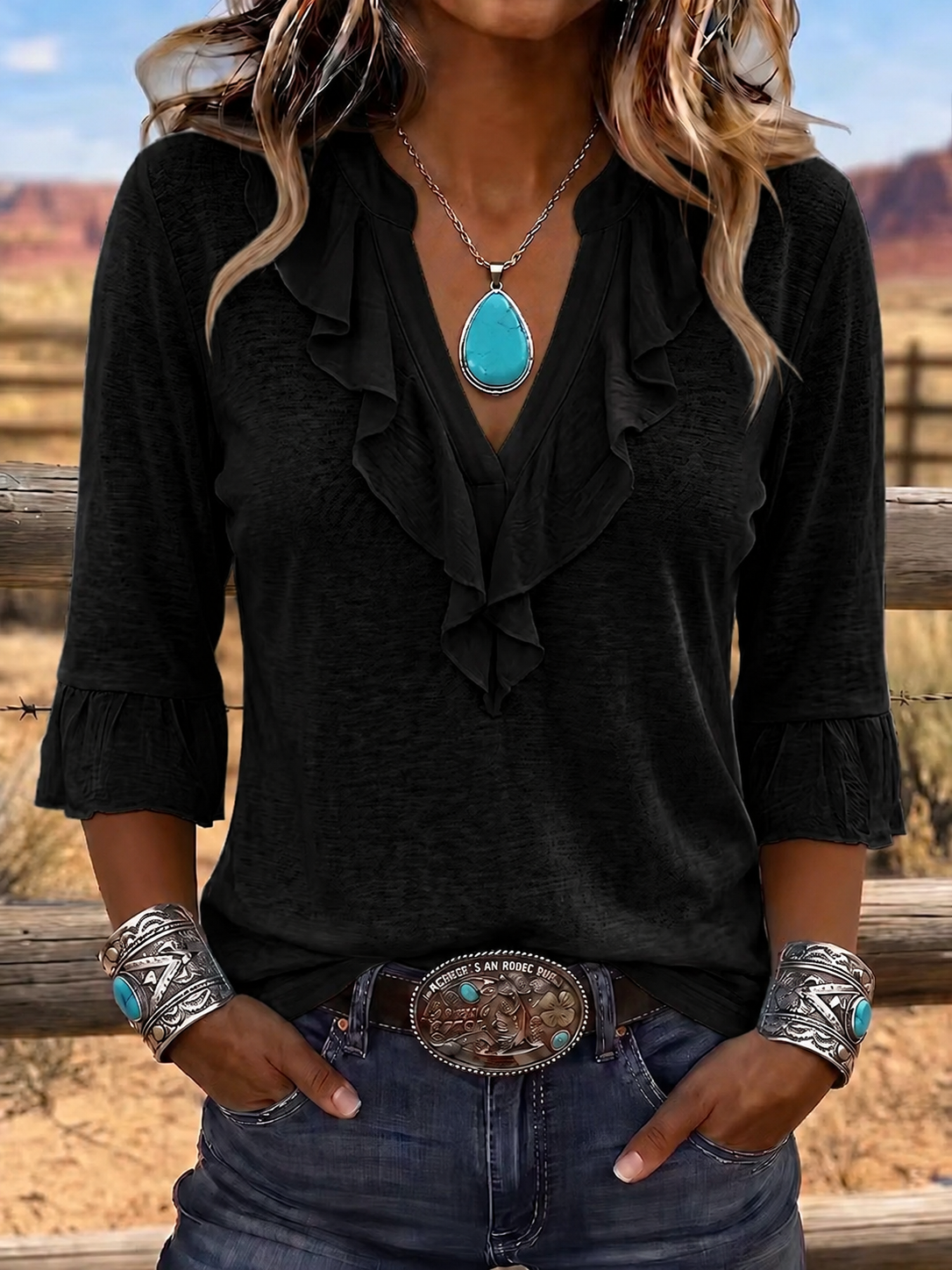 Haut décontracté pour femme, style western, encolure en V, volants, coton et lin
