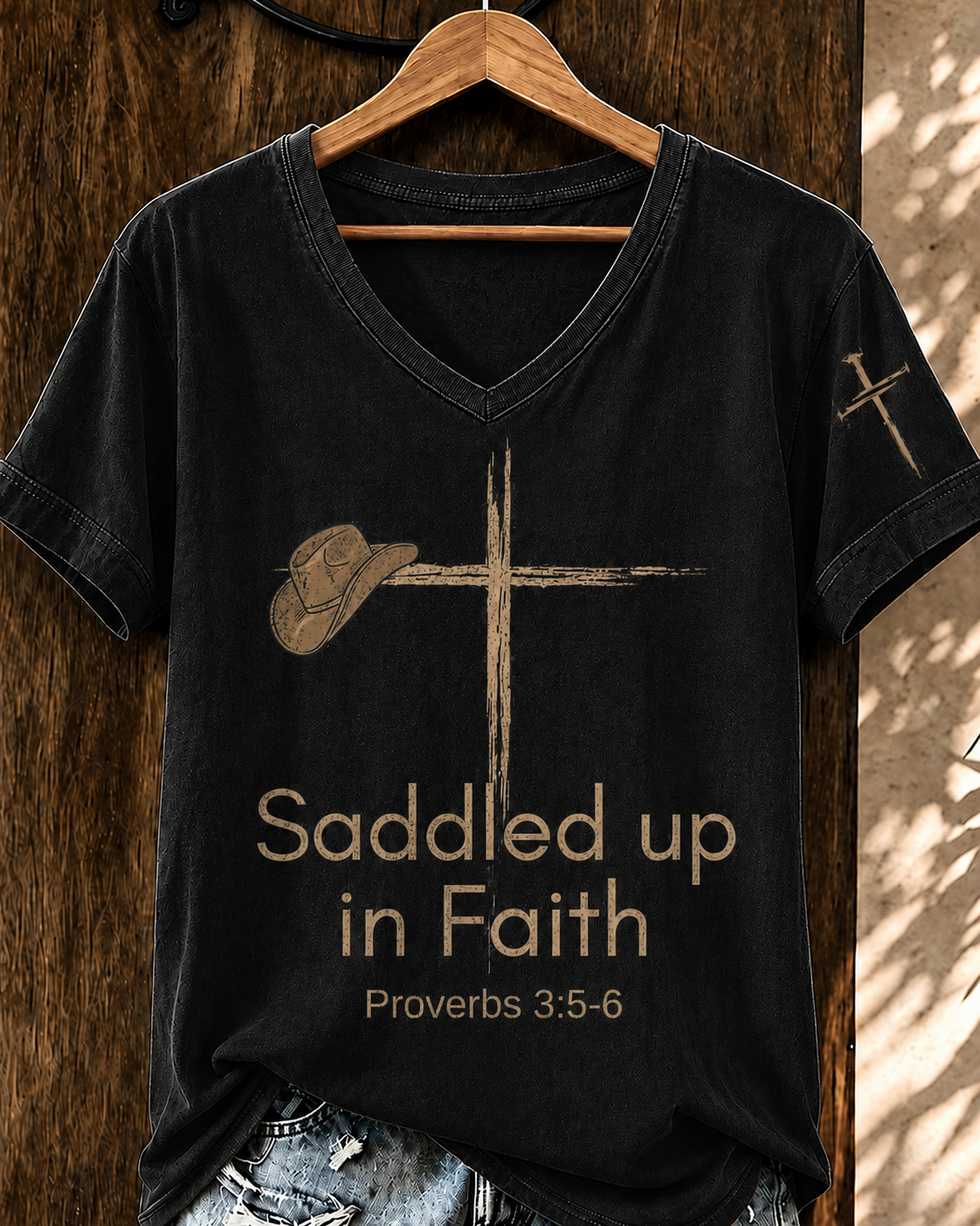 Women'S Retro WesternSaddled Up in Faith  V-Neck T-Shirt