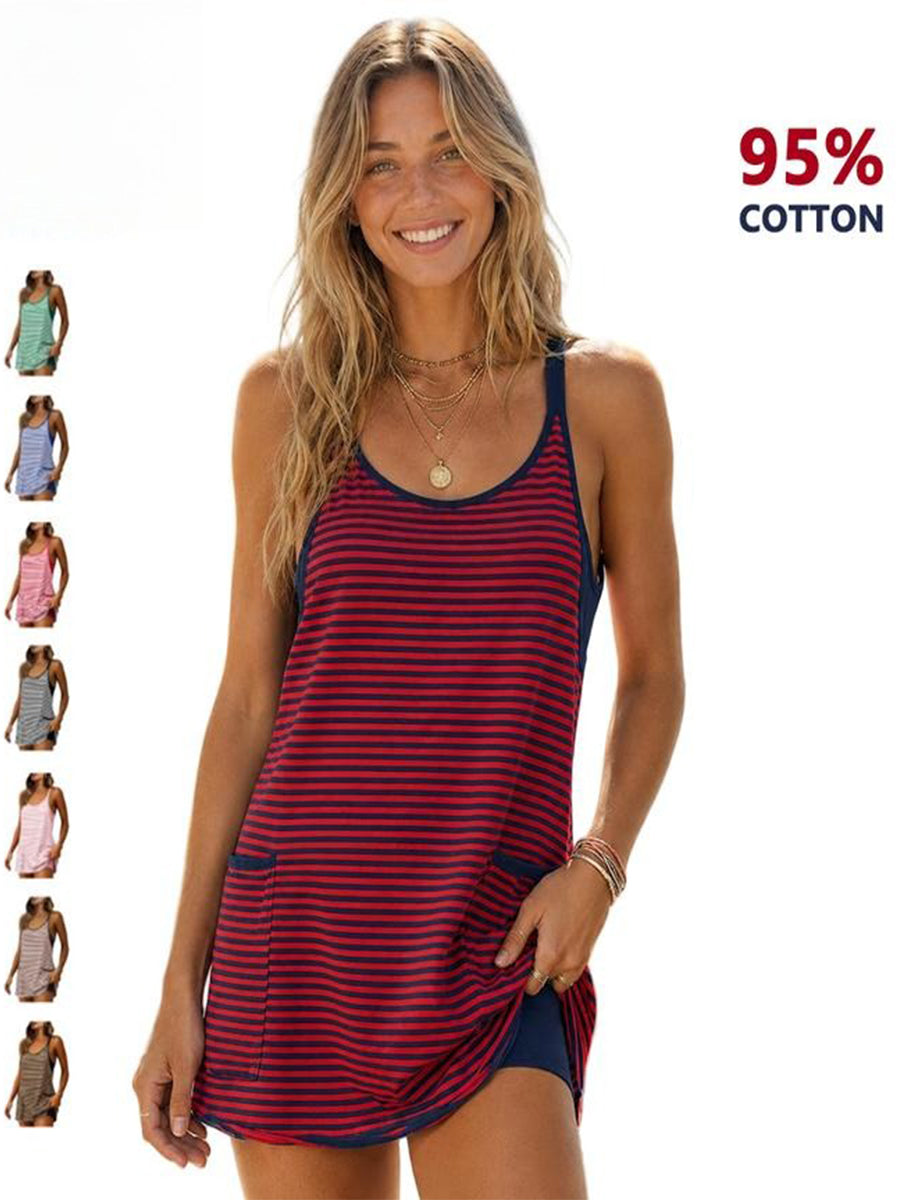 Women’s 95% Cotton Striped Active Mini Dress with Built-In Shorts & Pockets