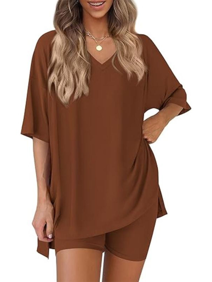 Women’s Buttery-Soft V-Neck Lounge Set – Oversized Split-Hem Top & Biker Shorts