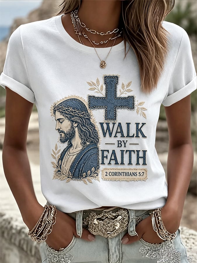 Women's Retro Walk By Faith  Print T-shirt
