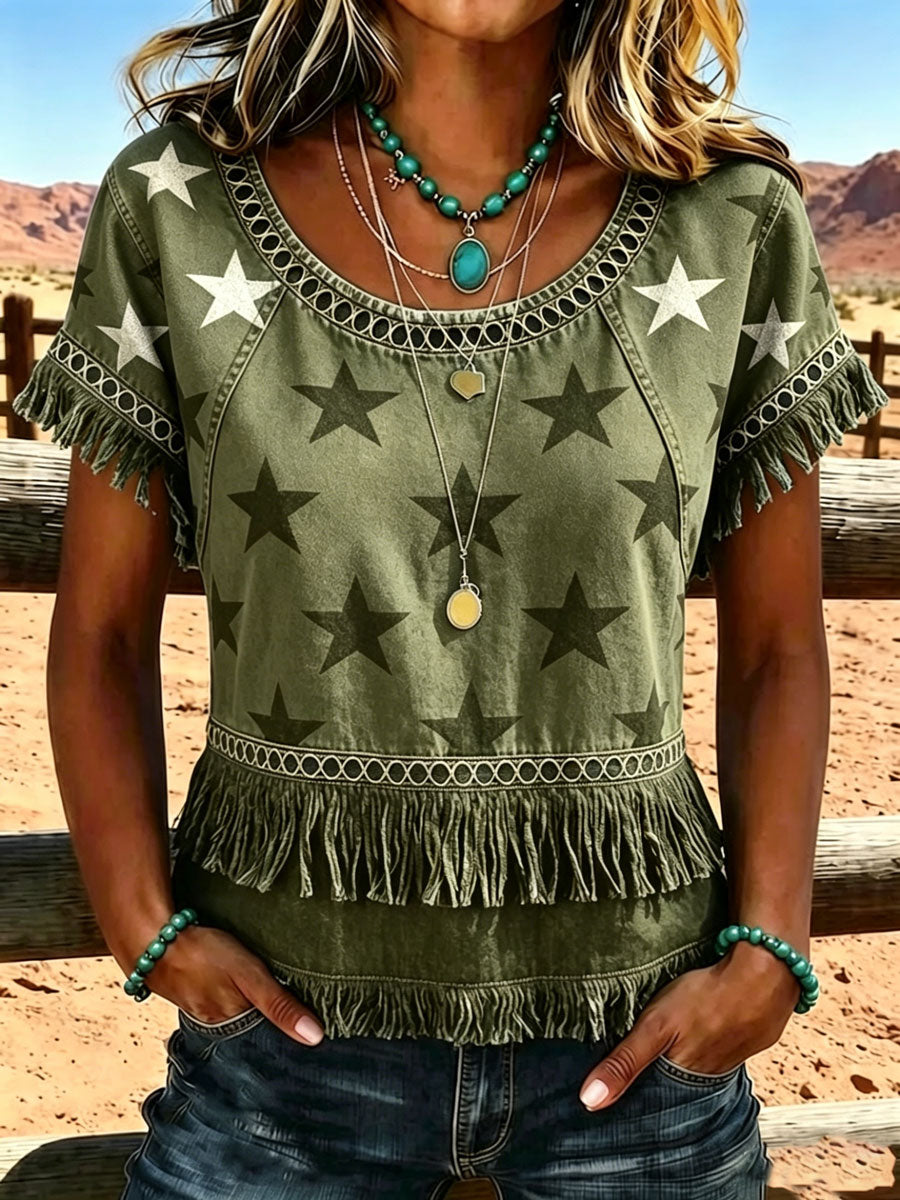 Women'S 250Th Anniversary American Vintage Western-Style Casual Shirt With Fringe Splicing