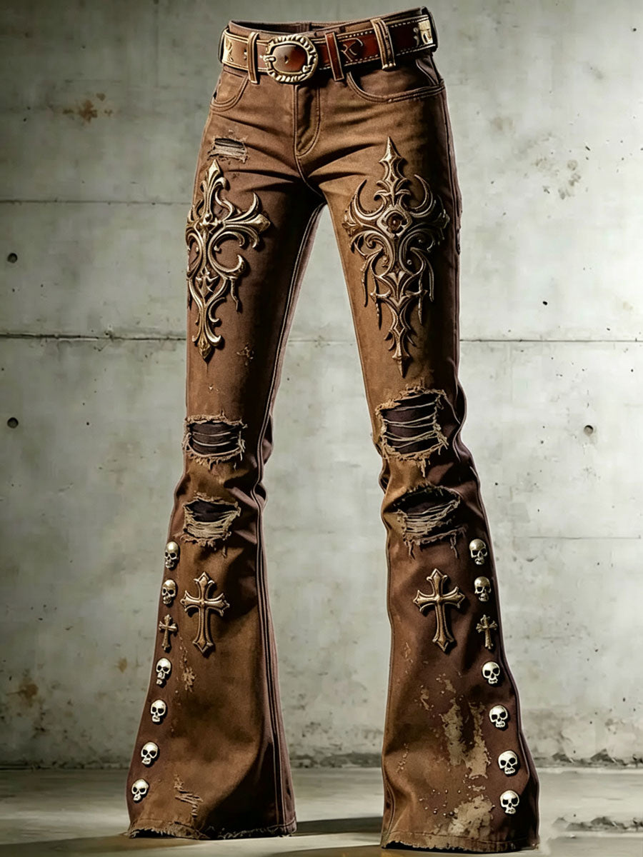Pantalon évasé à imprimé artistique tête de mort gothique pour femme