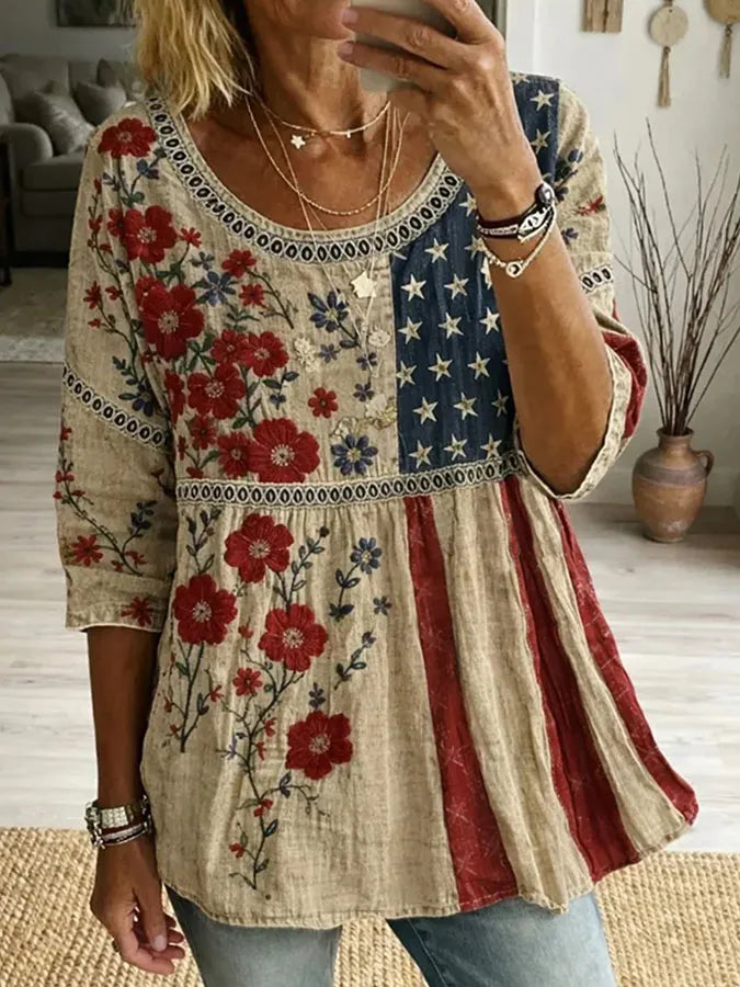 Women's American Flag Printed Cotton and Hemp Top