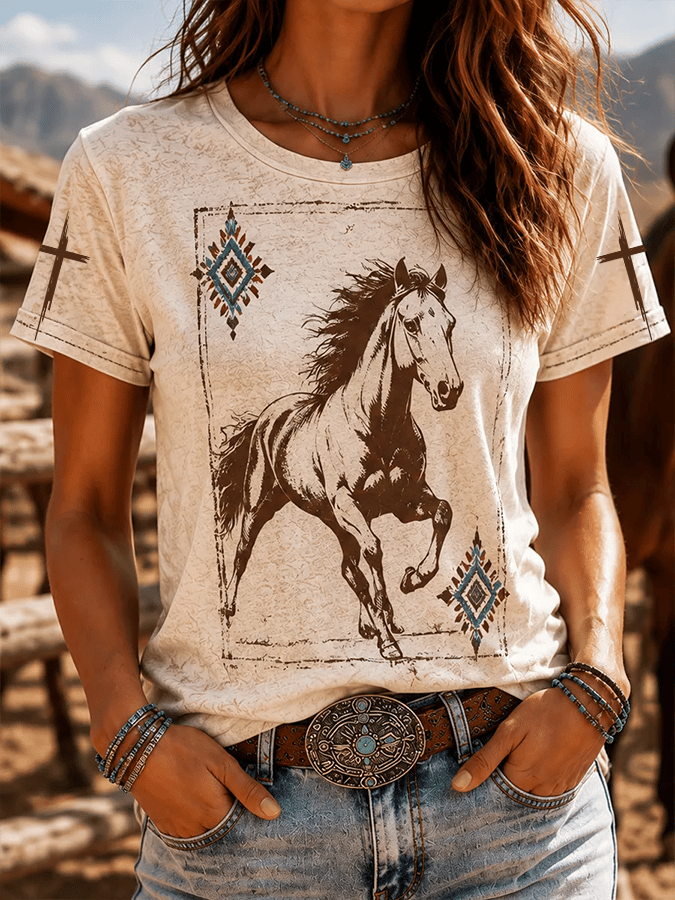 Damen T-Shirt mit Tiermotiven und Rundhalsausschnitt im Westernstil