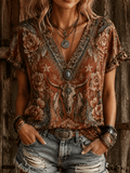 Damen-V-Neck-Oberteil mit Vintage-Western-Print