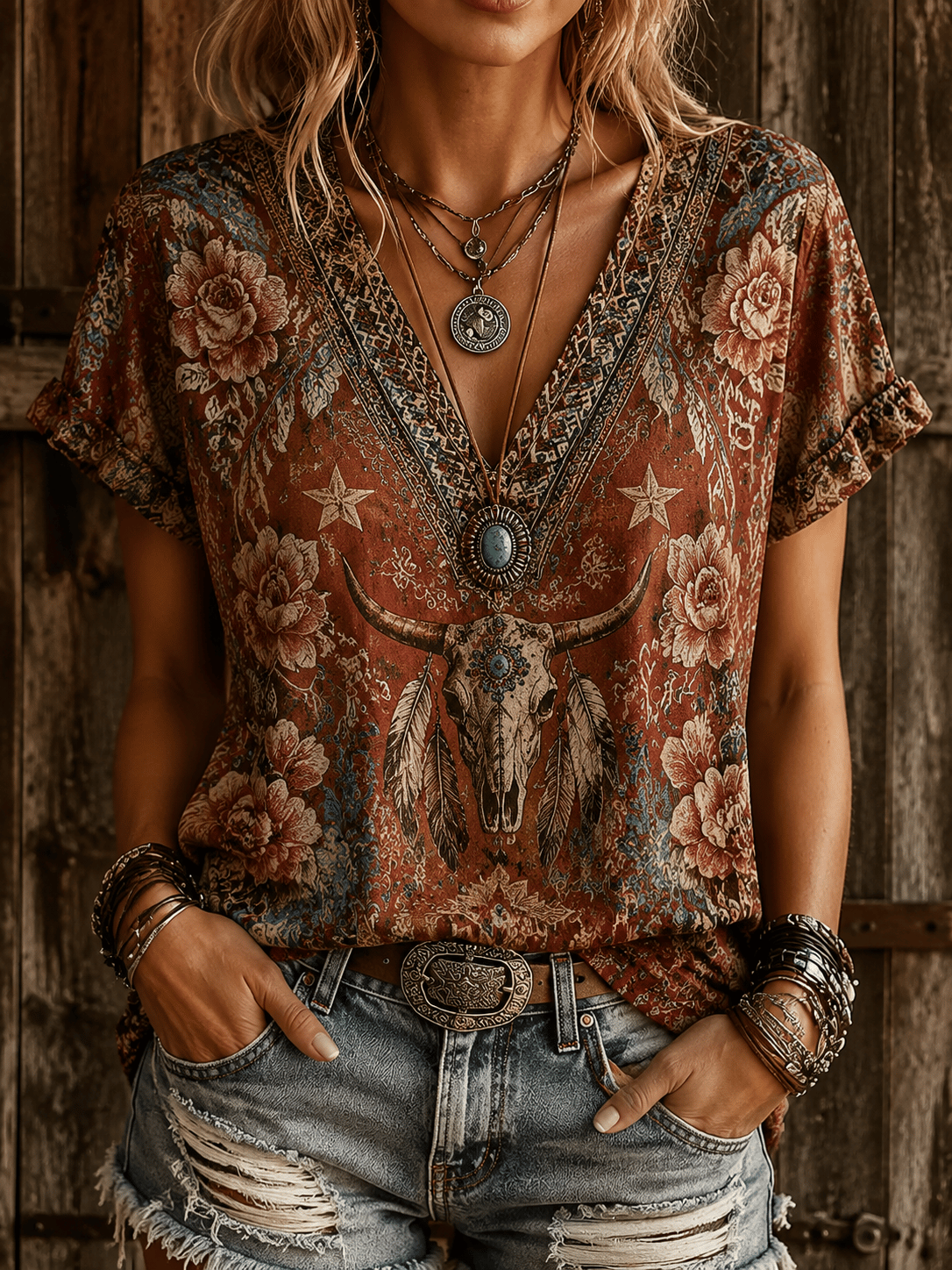 Damen-V-Neck-Oberteil mit Vintage-Western-Print