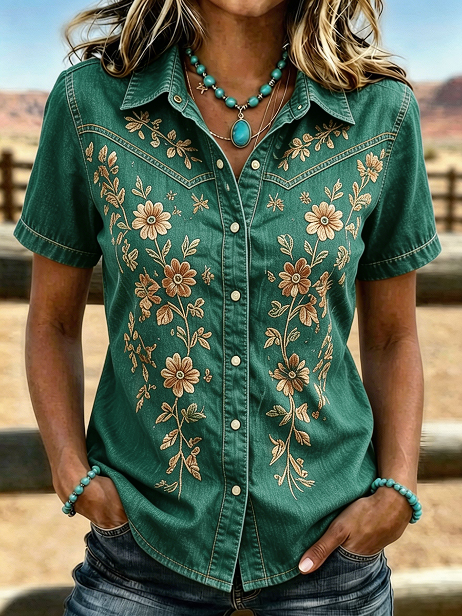 Women's Western Floral Embroidered Short Sleeve Shirt