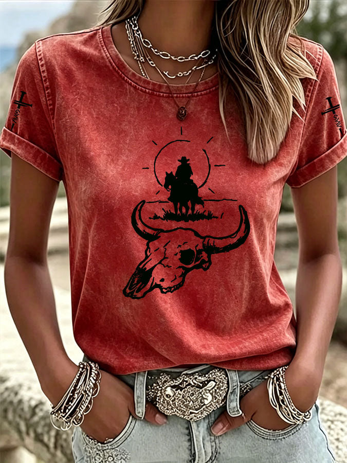 T-shirt décontracté à col rond pour femme, style western américain, "Love Jesus"