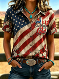 Damen Retro Western-Stil patriotisch bedrucktes Kurzarmhemd