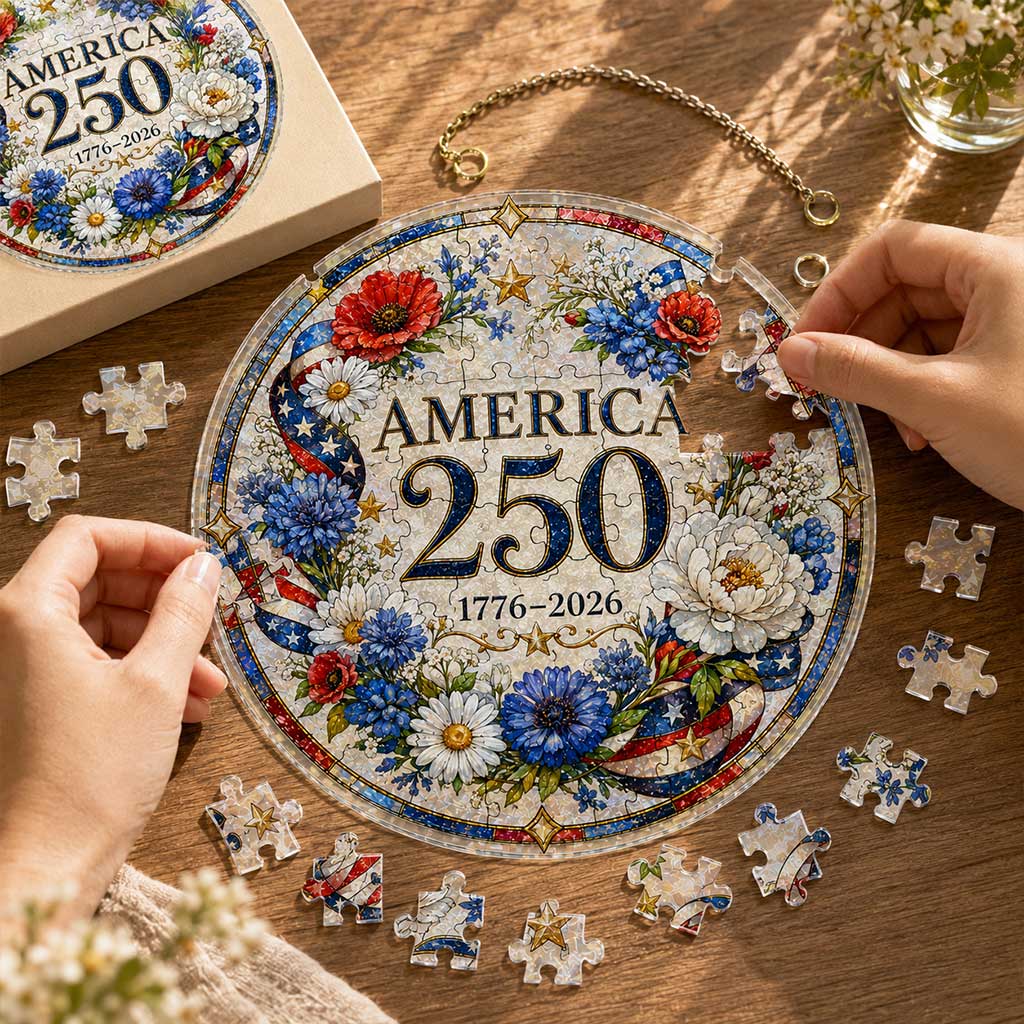 America 250th Anniversary Acrylic Puzzle Hanging Ornament – 1776–2026 Patriotic Floral Window Décor