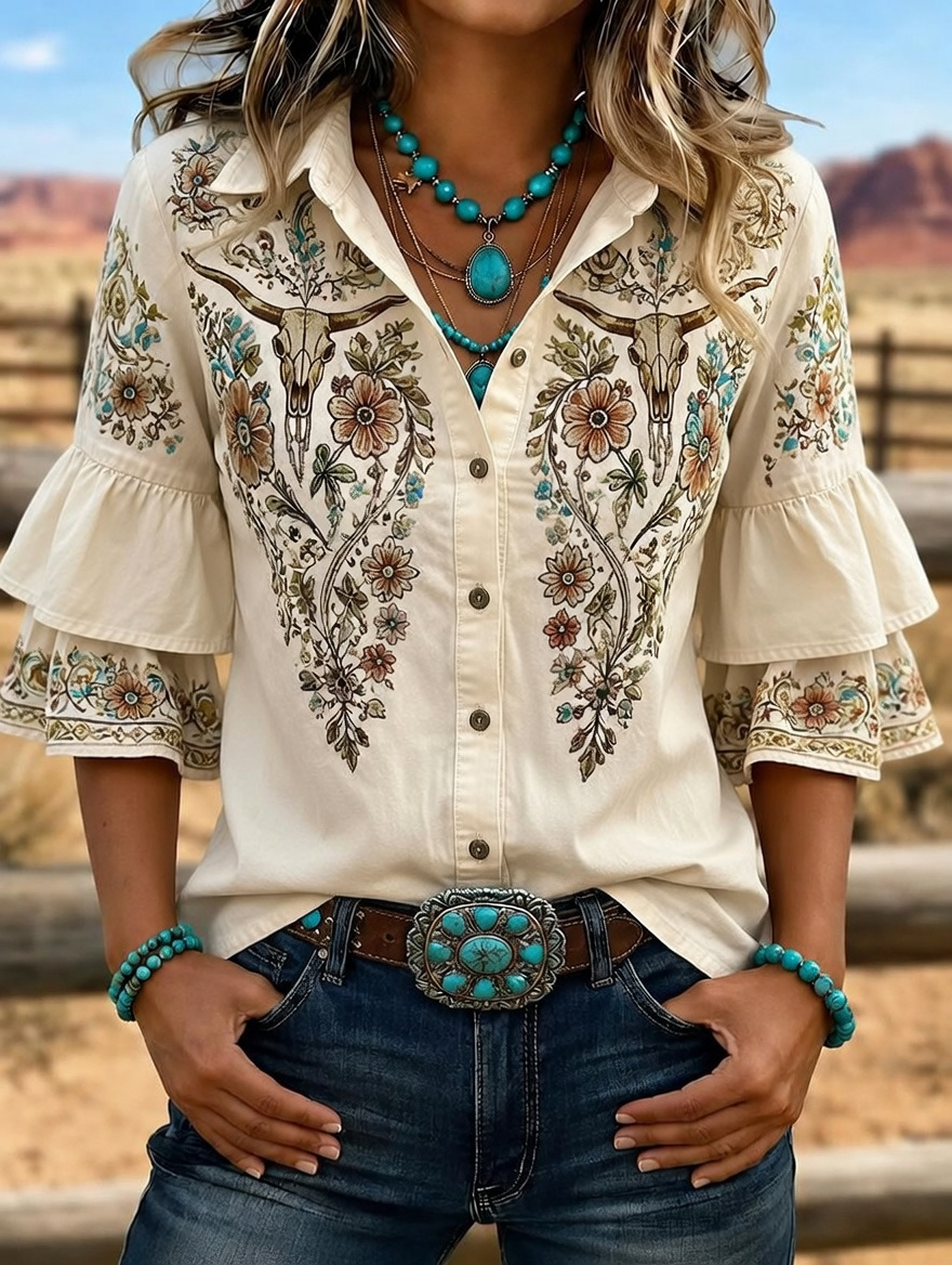 Chemise femme à manches volantées brodées tête de buffle Western