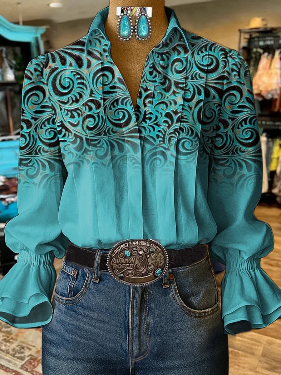 Damen Retro Lässiges Western-Muster-Hemd