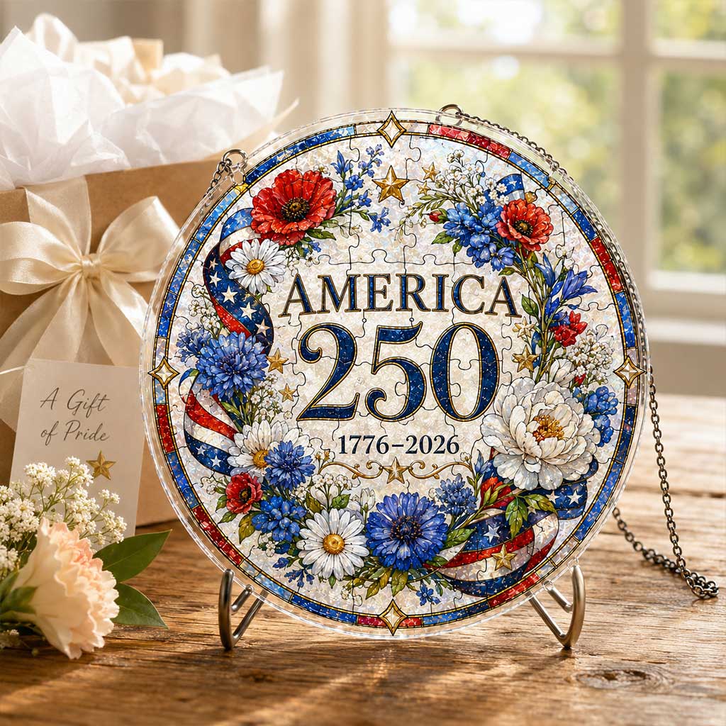 America 250th Anniversary Acrylic Puzzle Hanging Ornament – 1776–2026 Patriotic Floral Window Décor