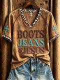 Damen Vintage Stiefel Jeans & Jesus Western Kreuz Leopardenmuster Kurzarm T-Shirt