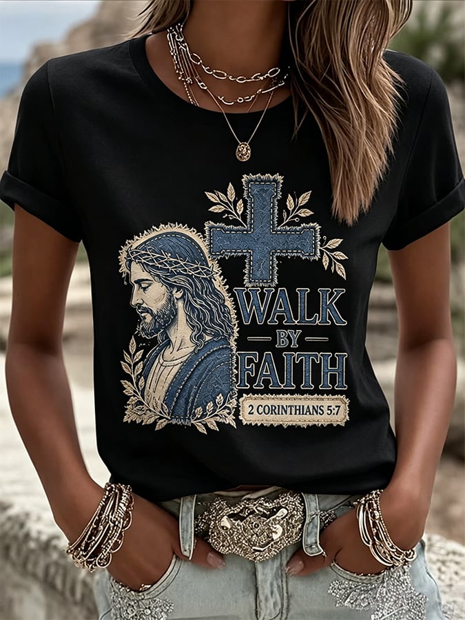 Women's Retro Walk By Faith  Print T-shirt