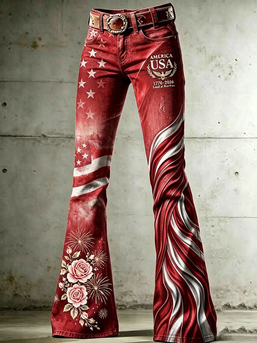 Jean taille haute pour femme avec motifs croix, drapeau, papillon et fleurs