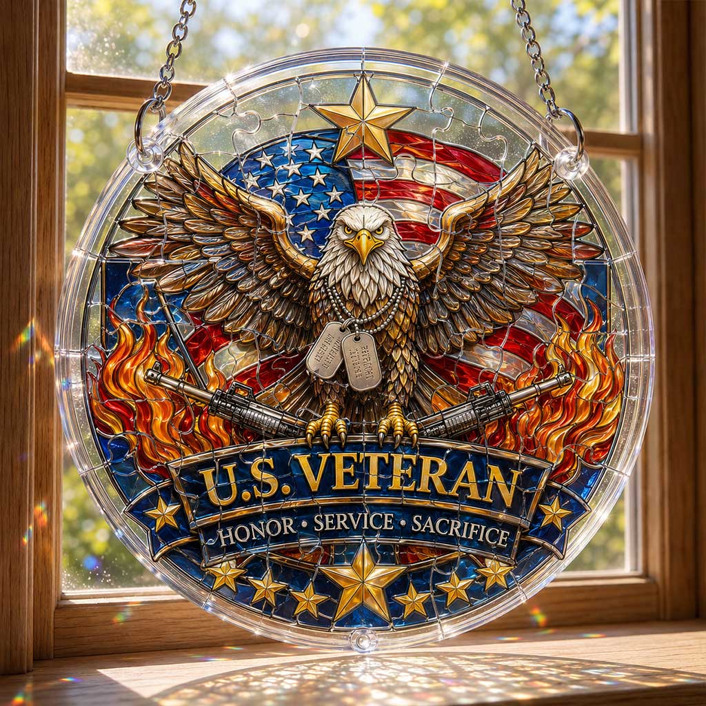 US-Veteran-Adler-Acryl-Puzzle-Hängeornament – Patriotischer Fenster-Sonnenfänger mit amerikanischer Flagge, Ehre, Dienst, Opferdekoration