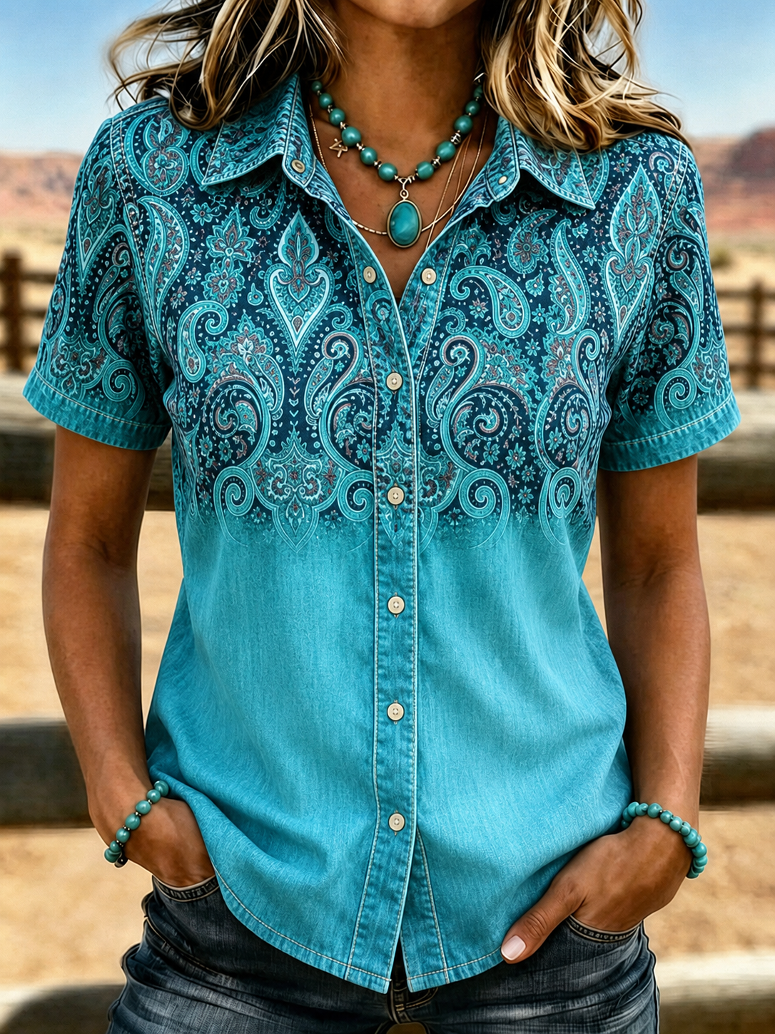 Women's Turquoise Ombre Paisley Print Short Sleeve Western Shirt