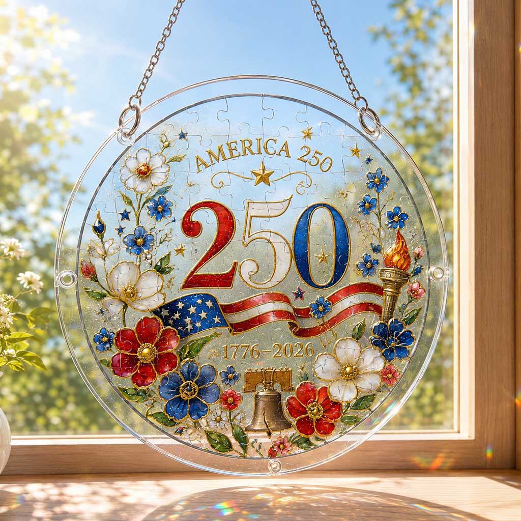 America 250 Acrylic Puzzle Hanging Ornament – 1776–2026 Patriotic Window Suncatcher with Floral Flag, Liberty Bell & Torch Design