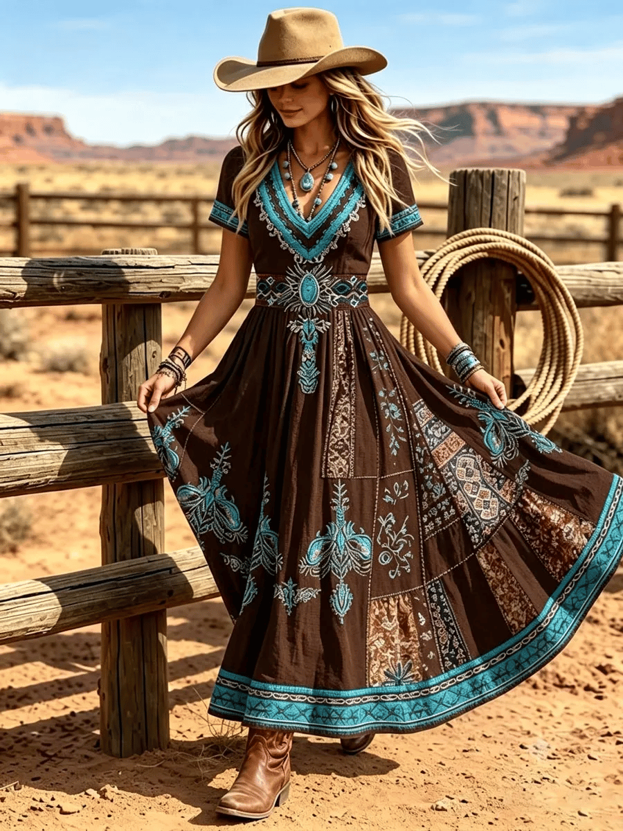 Damen Retro Western Print Kurzarmkleid