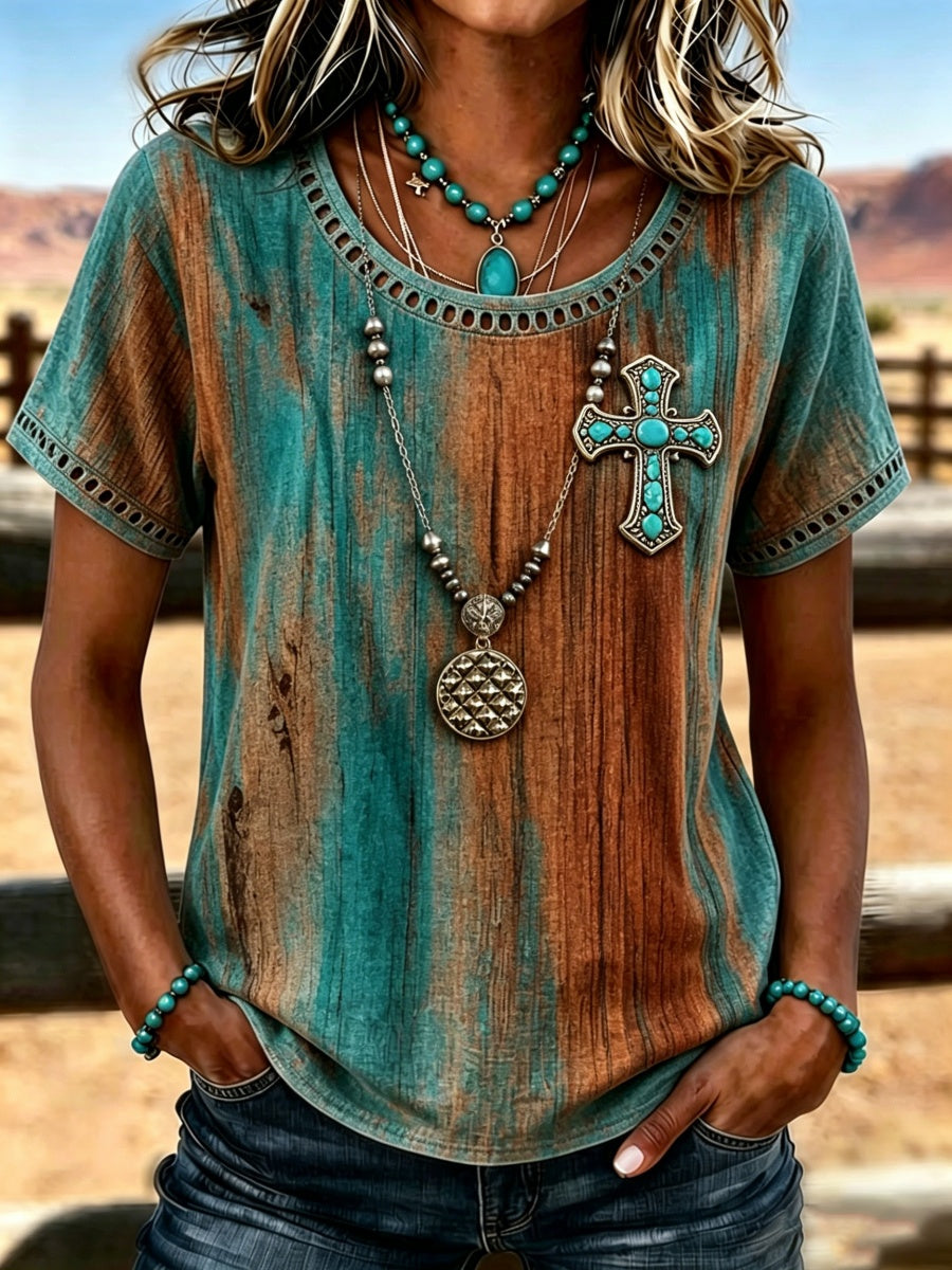 Damen T-Shirt mit Western-Motiv, Glaube und Hohlelementen