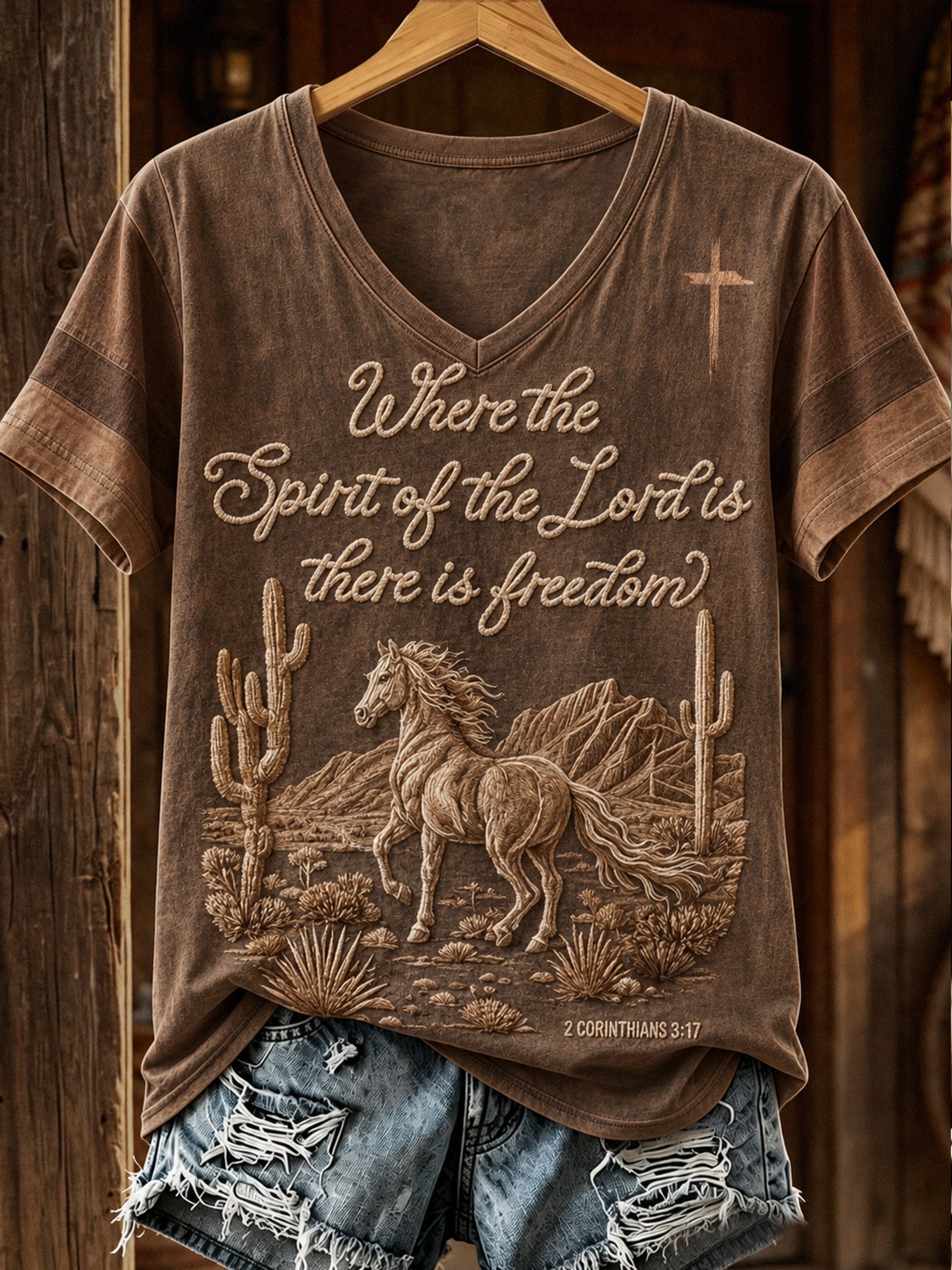 Damen Western Glaube Print V-Ausschnitt Oberteil