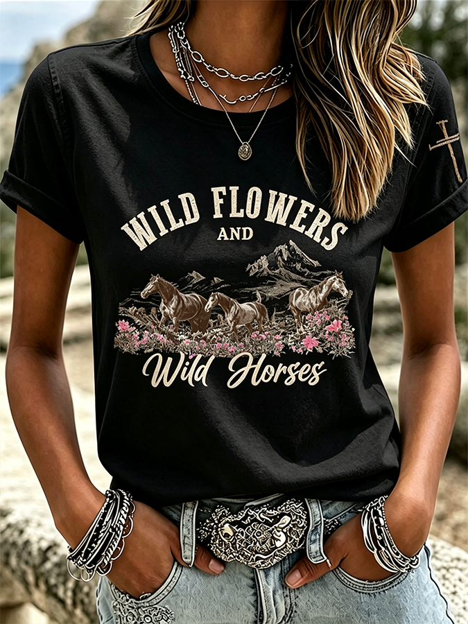 T-shirt Femme Col Rond Imprimé Floral Ethnique Rétro