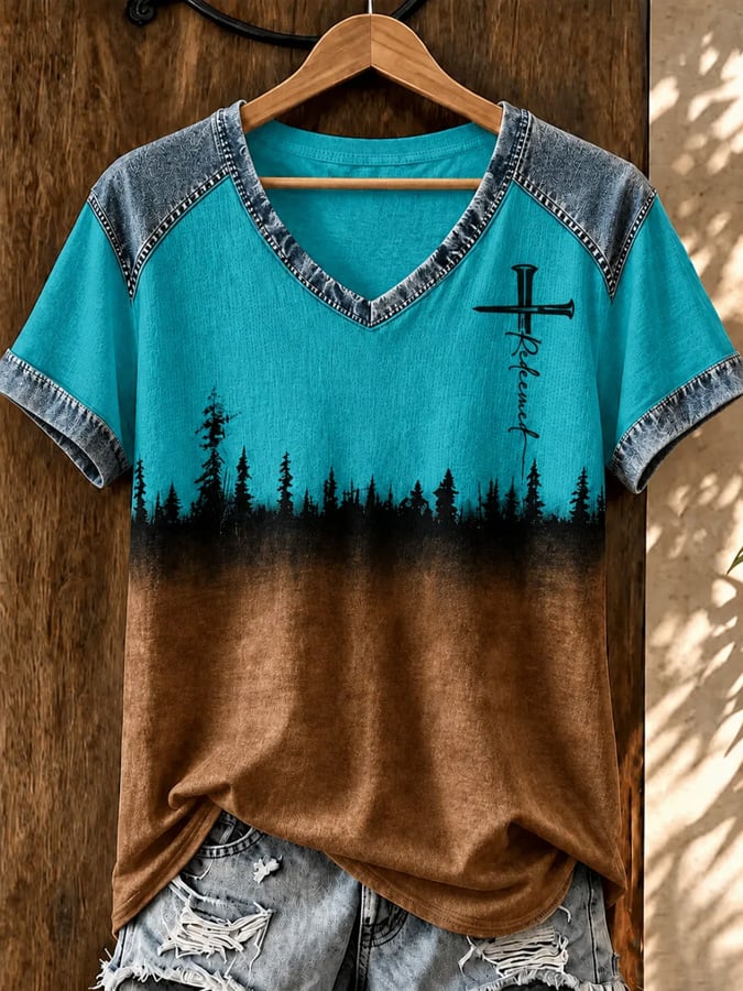 Women's Vintage Western Faith-Print V-Neck Top