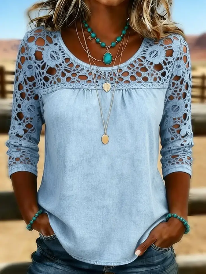 Chemise en Jean Décontractée Ample Unie en Dentelle pour Femme