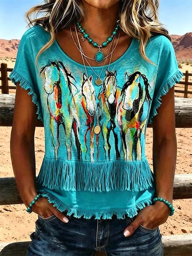 Damen-Freizeit-Top mit Quasten-Patchwork-Print