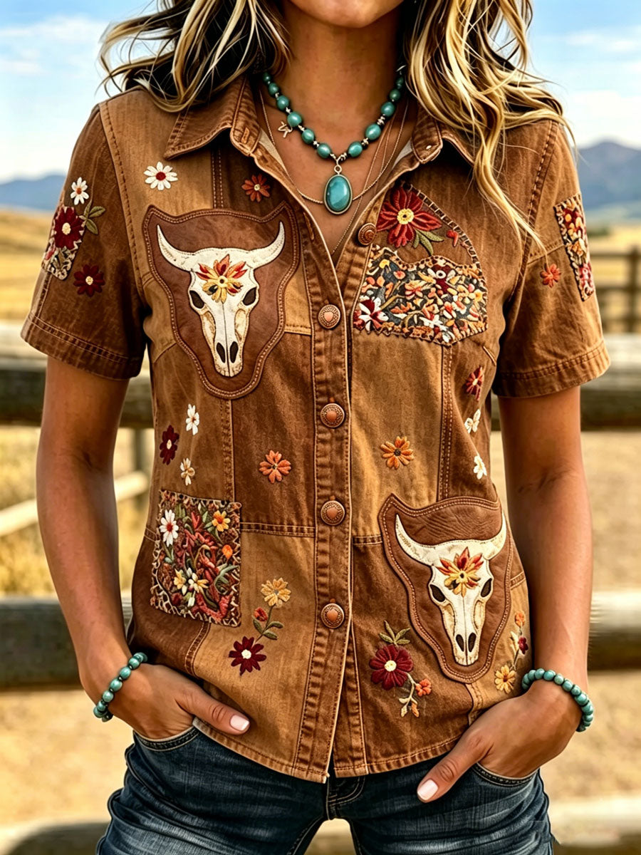 Chemise pour Femme à Imprimé Floral Rétro Animal de Style Western