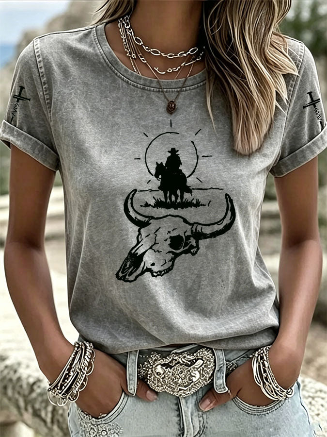 T-shirt décontracté à col rond pour femme, style western américain, "Love Jesus"