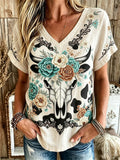 Kurzärmeliges Damen-Oberteil mit Western-Blumen- und Kuhschädel-Print