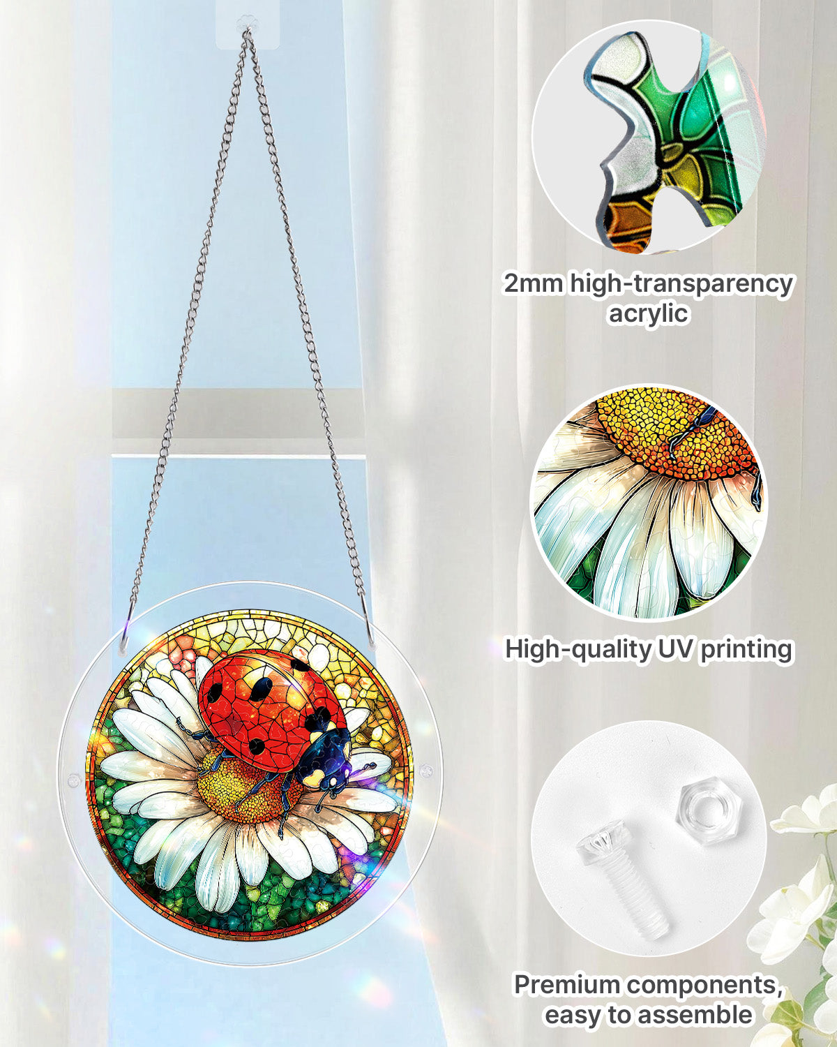 Ladybug on Daisy Light Suncatcher-Acrylic Window Art