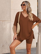 Women’s Buttery-Soft V-Neck Lounge Set – Oversized Split-Hem Top & Biker Shorts