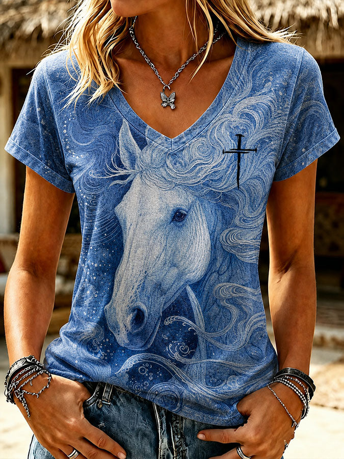 Women'S Retro Western Style Horse Print V-Neck T-Shirt