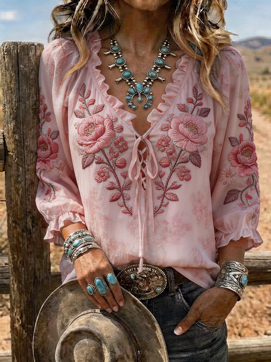 Damen Blumenstickerei Schnürung Western Bluse  