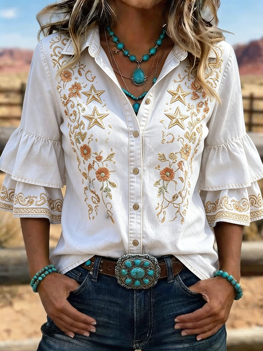 Chemise à manches volantées brodées florales Western Star pour femme