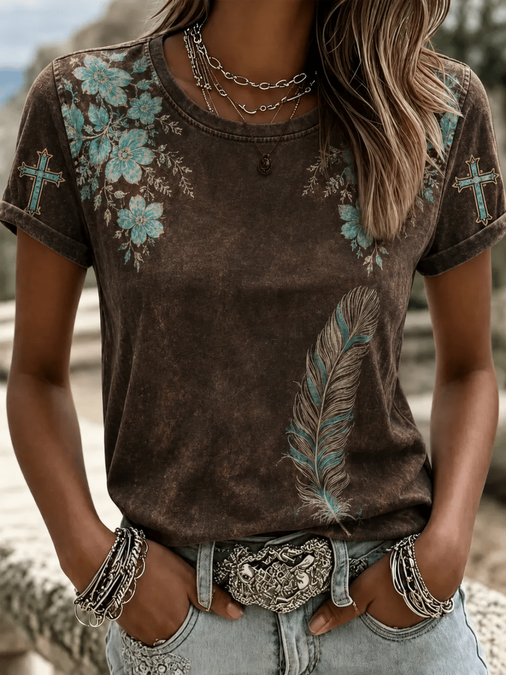 Damen T-Shirt im Retro-Western-Stil mit Glaubens-Aufdruck