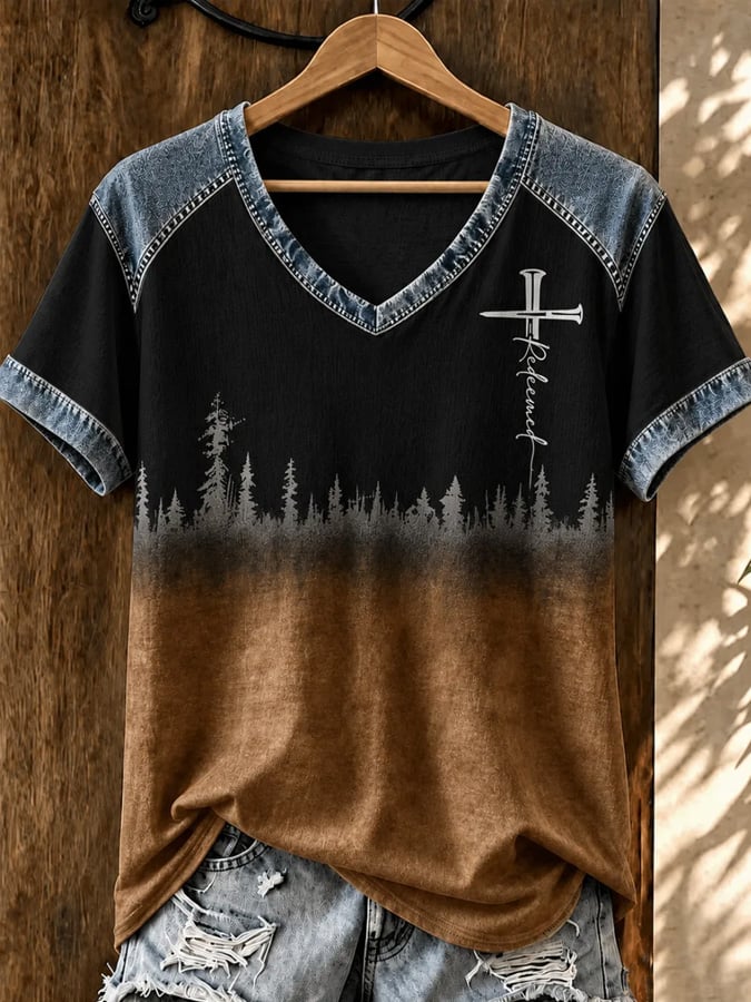 Women's Vintage Western Faith-Print V-Neck Top