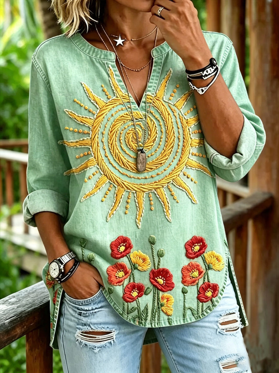Women's Vintage Floral Print Casual V-Neck Shirt