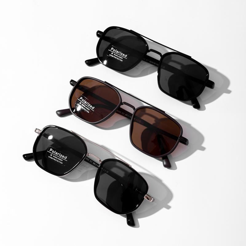 Lunettes de soleil polarisées géométriques pour hommes à double pont – Monture en métal style rétro
