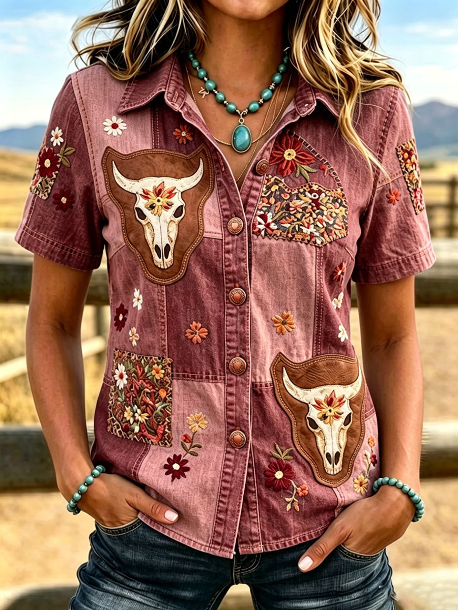 Damen Western-Tier-Retro-Blumenprint-Hemd