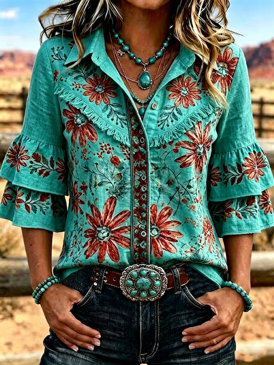 Chemisier Femme Vintage à Imprimé Floral avec Revers et Volants Décontracté