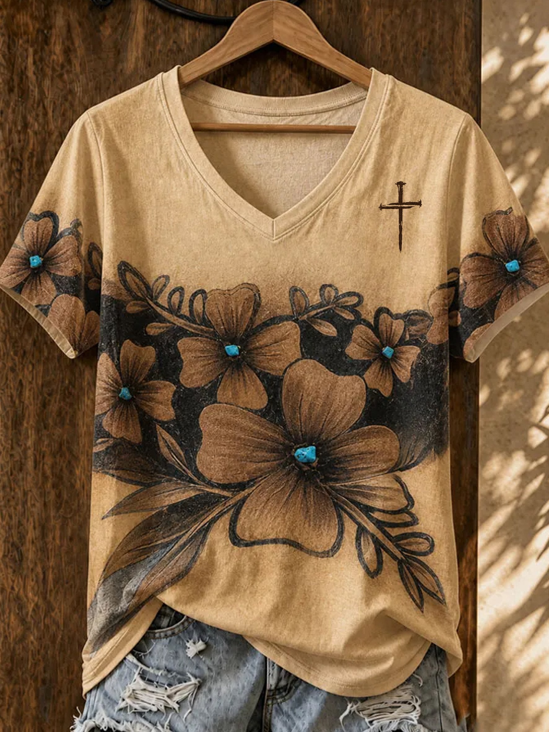Damen Western Glaube Print V-Ausschnitt Oberteil