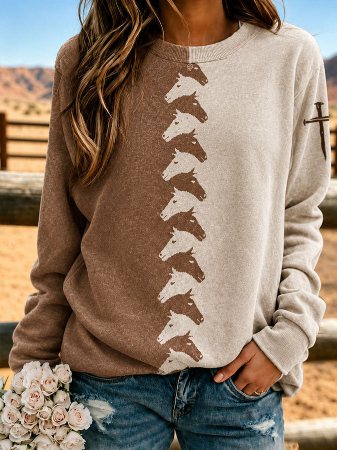 Damen Sweatshirt mit Rundhalsausschnitt und Kreuzdruck im Westernstil