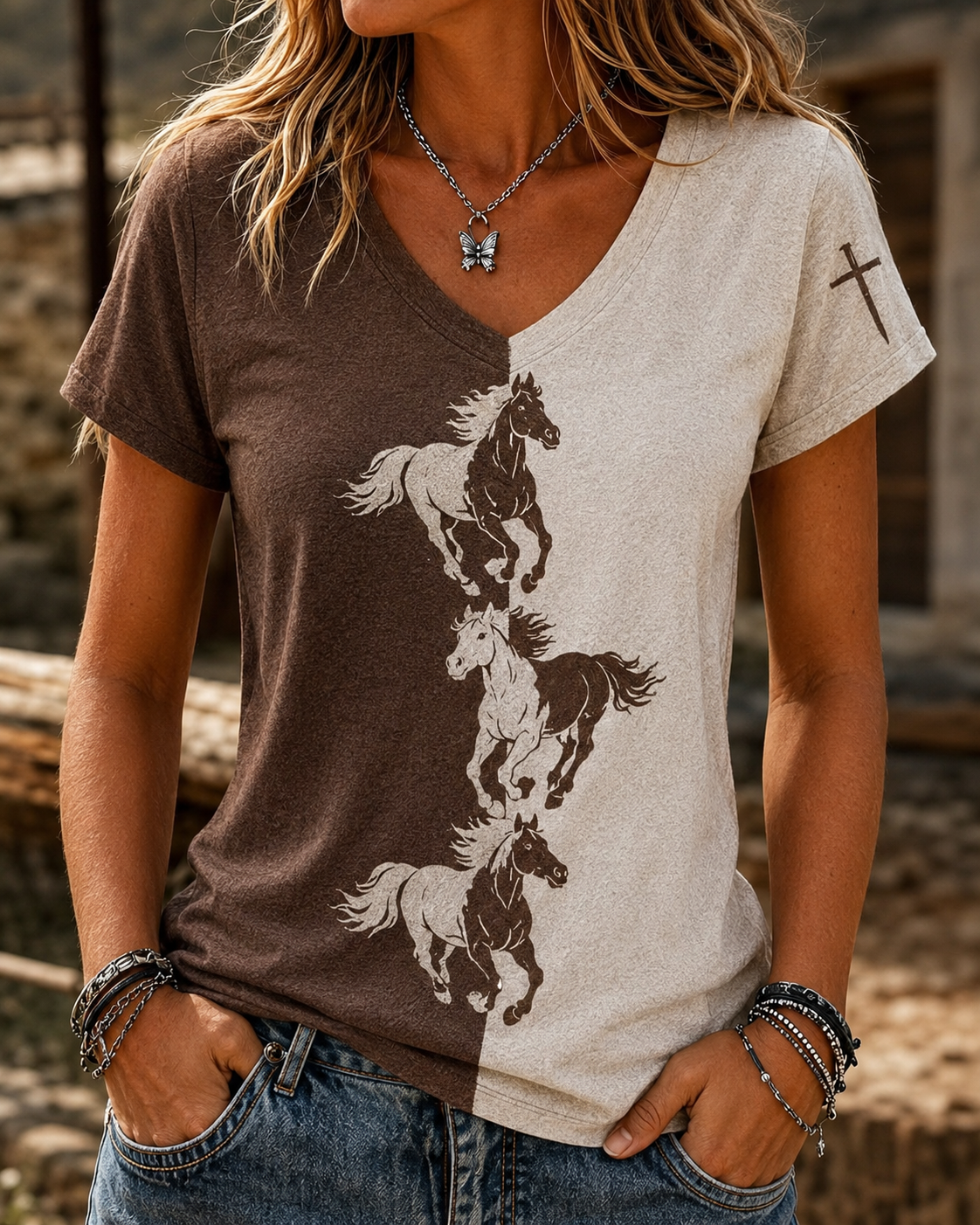 Damen Retro Western Stil Pferde-Print V-Ausschnitt T-Shirt