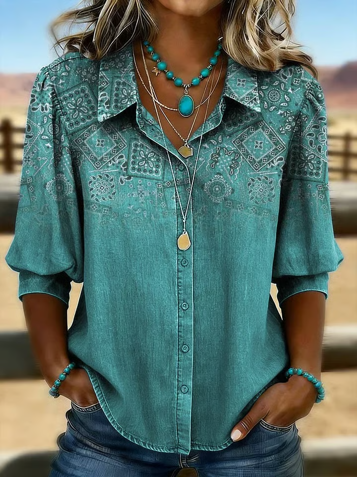 Retro Printed Casual Bubble Sleeve Shirt