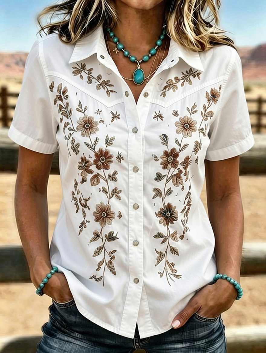 Women's Western Floral Embroidered Short Sleeve Shirt